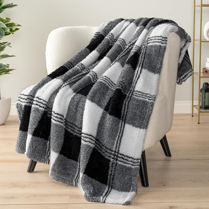 PAVILIA Sherpa Throw Blanket for Couch Sofa, White Black Fluffy Warm Plush Blanket for Bed, Cozy Super Soft Lightweight Throw, Fuzzy Decorative Blanket, All Season Home, 50x60