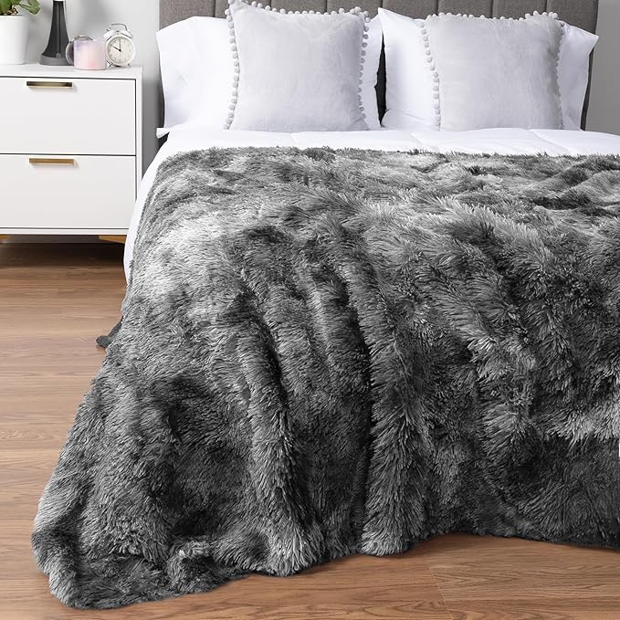 PAVILIA Gray Fluffy Bed Blanket, King Size, Fuzzy Blanket for Women Men, Furry Plush Warm Large Blanket for Couch Sofa, Super Soft Thick Faux Fur Sherpa Blanket, Tie-Dye, 90x108