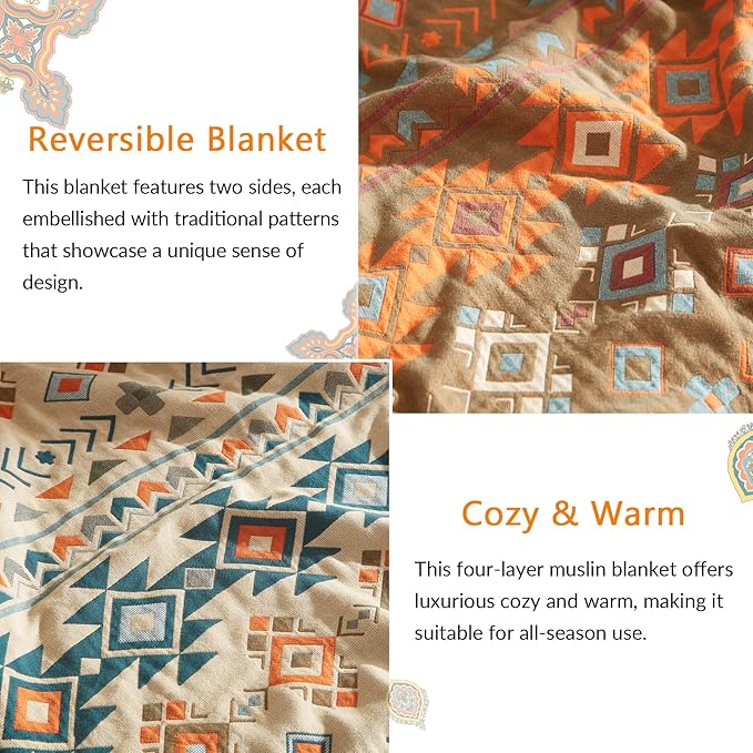 Boho Throw Blanket for Couch Sofa Bed, 100% Cotton Woven Quilt with Tassel 50”x60”, Super Soft Muslin Blanket with Patchwork Printed, Decorative Reversible Bed Blanket/Cover for All Seasons