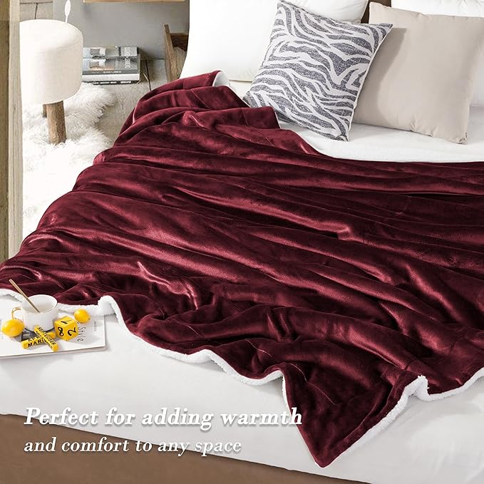 Mocassi Premium Ultra-Soft Flannel Fleece Sherpa Throw Blanket - Warm Cozy Reversible Plush Micromink Blanket for Couch, Bed and Sofa - Fluffy, Christmas Winter Bedding Gift, Queen, Burgundy