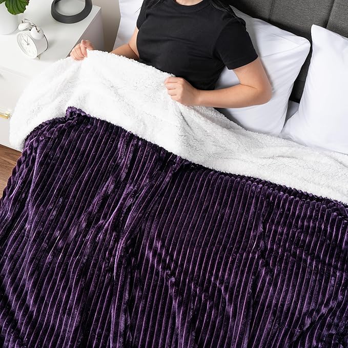 PAVILIA Dark Purple Sherpa Fleece Throw Blanket for Couch, Soft Plush Fuzzy Blankets, Fluffy Flannel Sherpa Blanket for Sofa, Warm 3D Ribbed Winter Blanket Gift, 50x60 inches