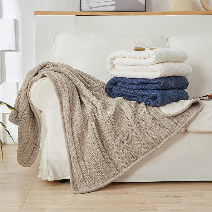 Longhui bedding Acrylic Cable Knit Sherpa Throw Blanket - Thick, Soft, Big, Cozy Light Grey Knitted Fleece Blankets for Couch, Sofa, Bed - Large 60 x 80 Inches Gray Coverlet All Season