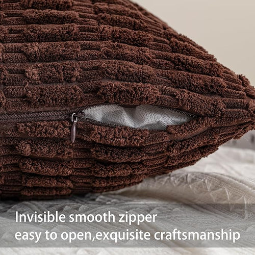Aegero Pack of 2 Corduroy Decorative Throw Pillow Covers 18x18 InchSoft Boho Striped Pillow Covers Modern Farmhouse Home Decor for Sofa Living Room Couch Bed（Dark Brown）