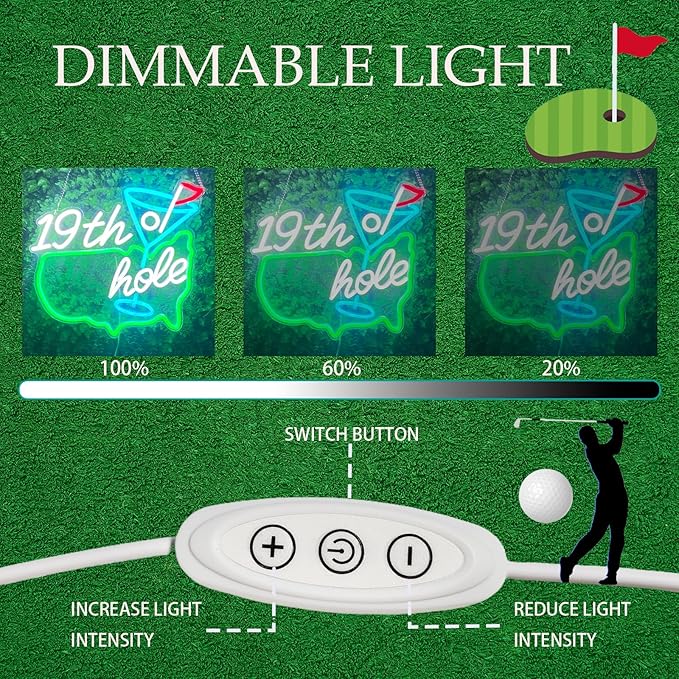 Golf Neon Sign for Wall Decor, Dimmable LED Golf Wall Lamp with 19th Hole Letter Sign, Light Up Sign for Man Cave, Bedroom, Office, Gym, Club, Party, Bar, Park, Birthday Gifts, 15 x 13 in