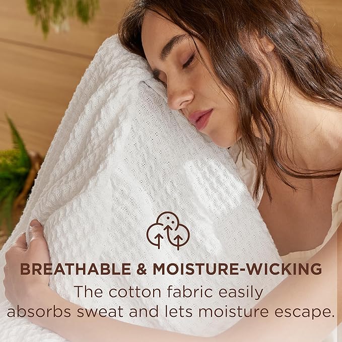 Bedsure Gentlesoft 100% Cotton Blanket Twin XL Size for College Dorm - Cooling Breathable and Soft for Spring Summer, Waffle Weave Twin Blanket for Bed, Dorm Room Essentials, White, 66x90 inches