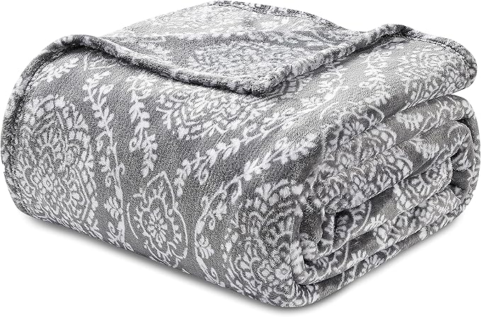 Elegant Comfort Ultra Soft Print Flannel Fleece Bed Blanket, Cozy-Fuzzy Lightweight Bedspread Coverlet, All Season Decorative Blanket for Couch, Sofa, Ogee Design, King Size, Gracey