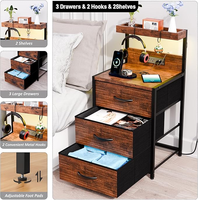 Nightstands Set of 2, End Table with LED Light and Charging Station Type C, 3 Drawers Storage Dresser Night Stand with Hooks, Tall Bed Side Table for Bedroom Dorm, Rustic Brown
