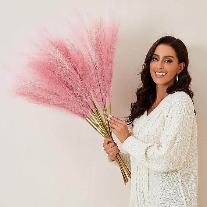Pink Pampas Grass Decor, 9 PCS 37''/3.1FT Tall Fluffy Faux Pompas Floral, Large Artificial Pompous Grass Branches for Floor Vase Fillers, Boho Farmhouse Room Wedding Décor（Pink）