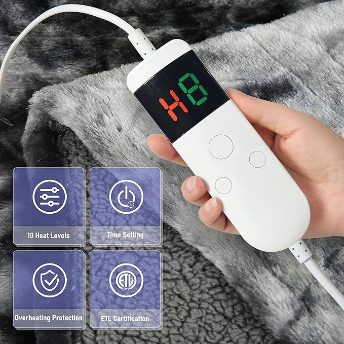 Electric Heated Blanket Queen 84''x90''Size Faux Fur Heating Blanket 10 Heating Settings, 1-8h Timer & Overheat Protection, Machine Washable, Soft Flannel and Sherpa Full Body Warmth