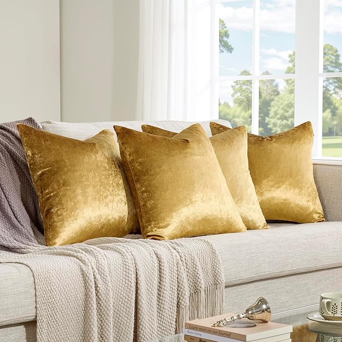 GIGIZAZA Gold Pillow Covers 20x20 Set of 4,Velvet Luxury Couch Throw Pillow Soft Covers Decorative Modern Square Pillows Living Room Vintage Cushion Covers
