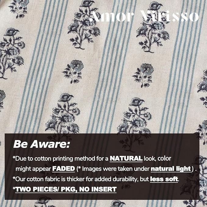 Amor Virisso Floral Throw Pillow Covers 20x20 Set of 2 Block Print Pillow Covers Neutral Floral Striped Farmhouse Decorative Pillow Covers for Sofa Couch Bed, Light Blue