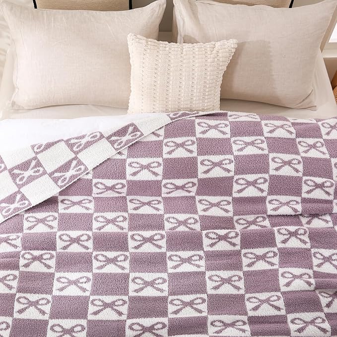 YIRUIO Purple Checkered Knit Throw Blanket - with Bow Pattern for Women Daughter & Son, 50x60 Size Ultra Soft Microfiber Reversible,Fluffy Fuzzy Cozy Throw for Bed, Sofa & Couch, Home Decor