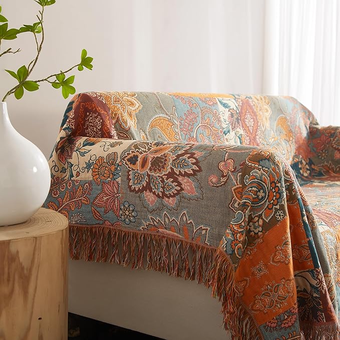 Boho Throw Blanket for Bed 60”x80”, 100% Cotton Woven Blanket for Couch Sofa, Ultra Soft 4-Layer Muslin Quilt with Patchwork Floral Printed, Farmhouse Bed Blanket/Cover for Living Room Decor