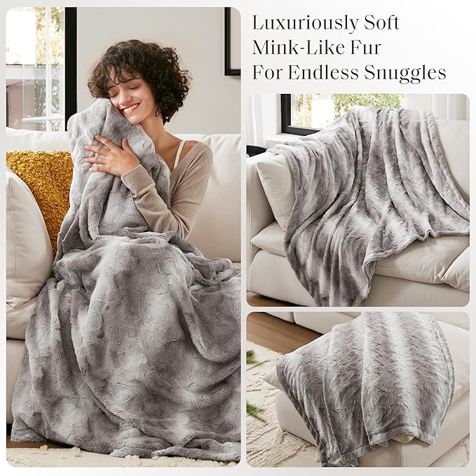 Madison Park Zuri Soft Plush Luxury Oversized Faux Fur Throw Animal Stripes Design, Faux Mink On The Reverse, Modern All Seasons Blanket for Bed, Sofa Couch, Office, Grey, 60x70"