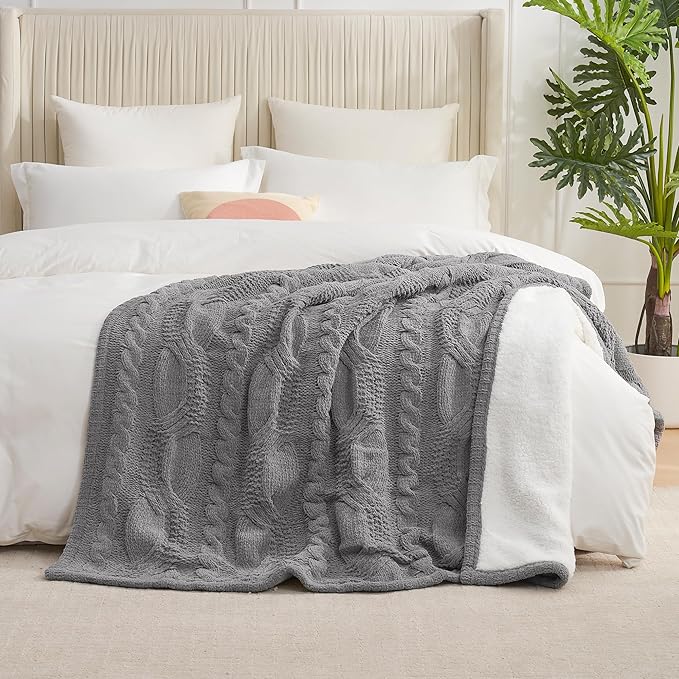 Amélie Home Cable Knit Throw Blanket for Couch, Chenille Sherpa Soft Cozy Throw Blankets for Sofa Chair Comfortable Home, 50"x60", Gray