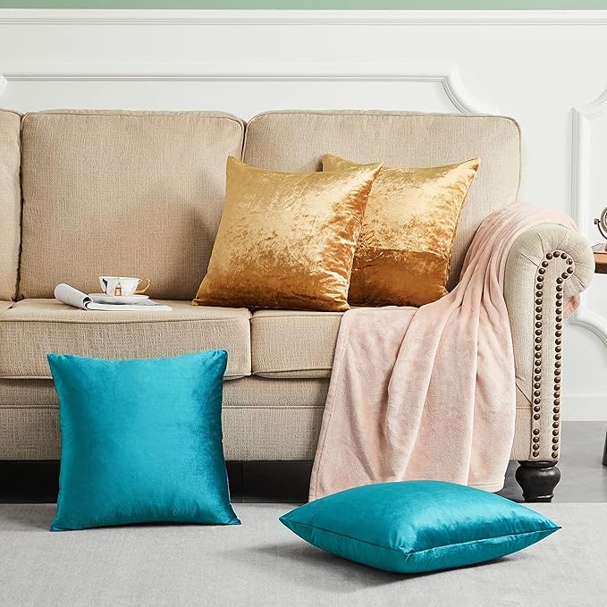 GIGIZAZA Velvet Pillow Covers 16x16,Gold Teal Soft Throw Pillow Covers Set of 4 Square Decorative Modern Pillows Covers for Living Room