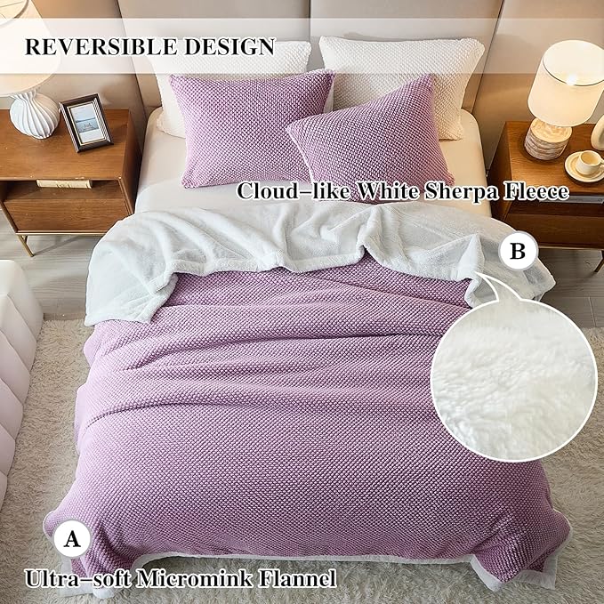 Luxury Flannel Fleece Sherpa Blankets Queen Size for Bed, Jacquard Boho 3-Layer Thick and Warm Blanket for Winter, Soft Cozy Fuzzy Plush Velvet Blanket with 2 Pillow Cases, Purple, 88x88 Inches