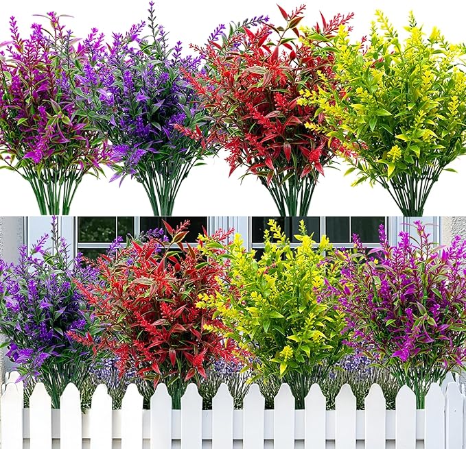 TURNMEON 20 Bundles Artificial Flowers for Outdoors Summer Decor, UV Resistant No Fade Fake Lavender Flowers Plastic Faux Plants for Window Box Garden Planter Porch Indoor Cemetery Decor(Mix Colors)