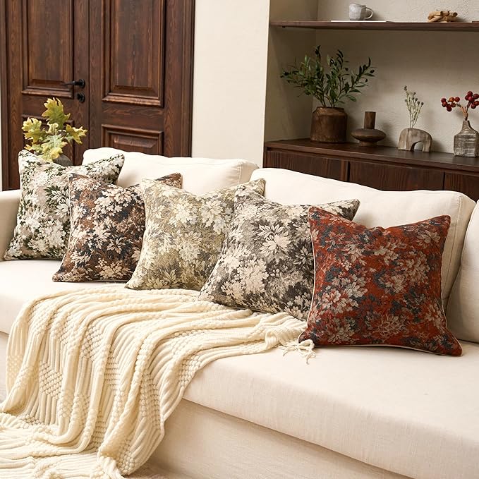 Yangest Neutral Floral Pillow Cover 12 x 20 Inches, Vintage Chenille Rectangle Throw Pillow Cover Soft Decorative Farmhouse Accent Couch Pillow Cover for Living Room Bedroom, Coffee Brown