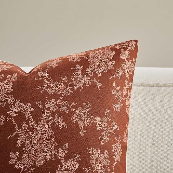100% Cotton French Pastoral Throw Pillow Covers Set of 2, 20x20 Inch Background/Terracota Farmhouse Decorative Cushion Covers for Sofa Bed Living Room Home Decor