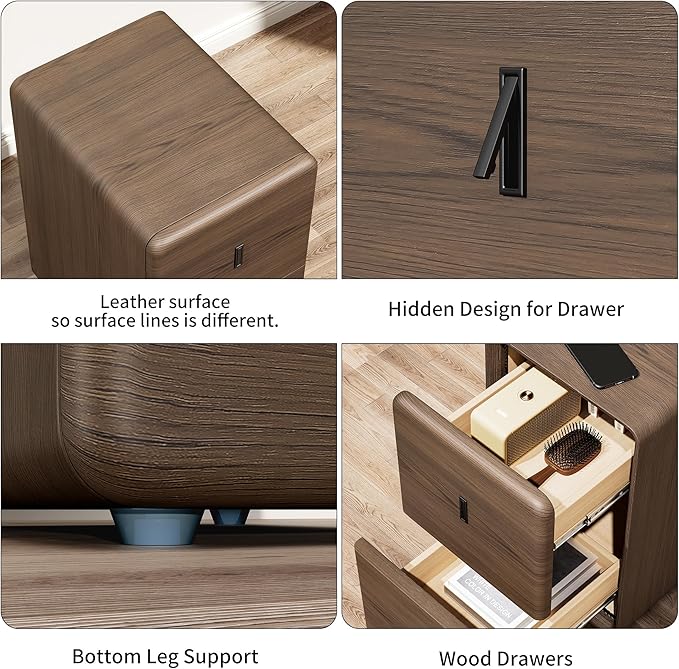 VICITON Narrow Nightstand with Drawers, Faux Leather Bedside Table, Solid Wood Drawer, Small Side Table for Bedroom (Leather Grey Poplar, 11.8" x 15.7" x 19.7")