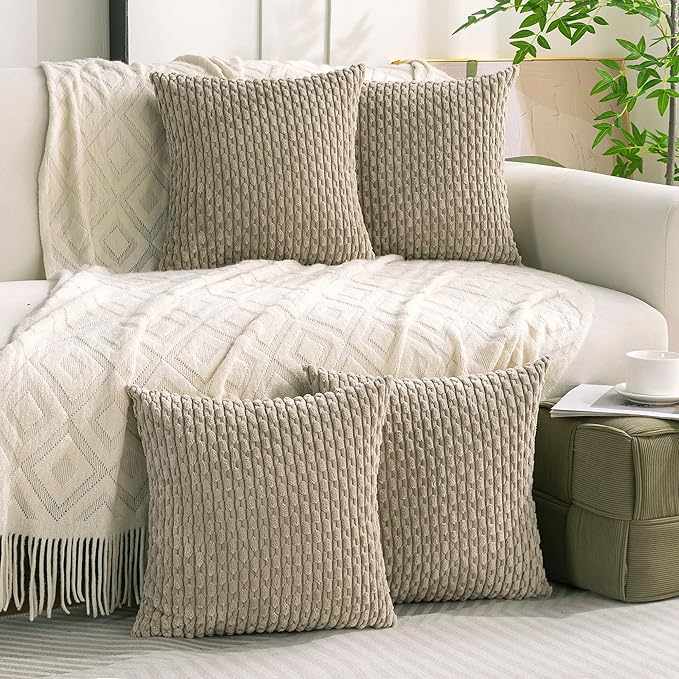 Set of 4 Taupe Decorative Throw Pillow Covers 18x18 Inch Corduroy Pillow Covers for Bed Couch Sofa Living Room Soft Square Cushion Cases