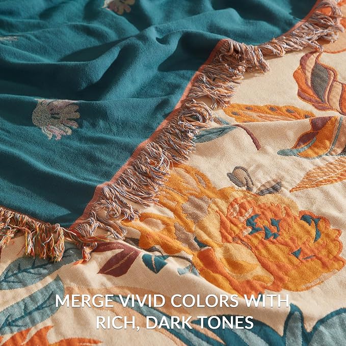 Boho Throw Blanket for Couch Sofa Bed, 100% Cotton Woven Quilt with Tassel 50”x60”, Super Soft Muslin Blanket with Floral Printed, Decorative Reversible Bed Blanket/Cover for All Seasons