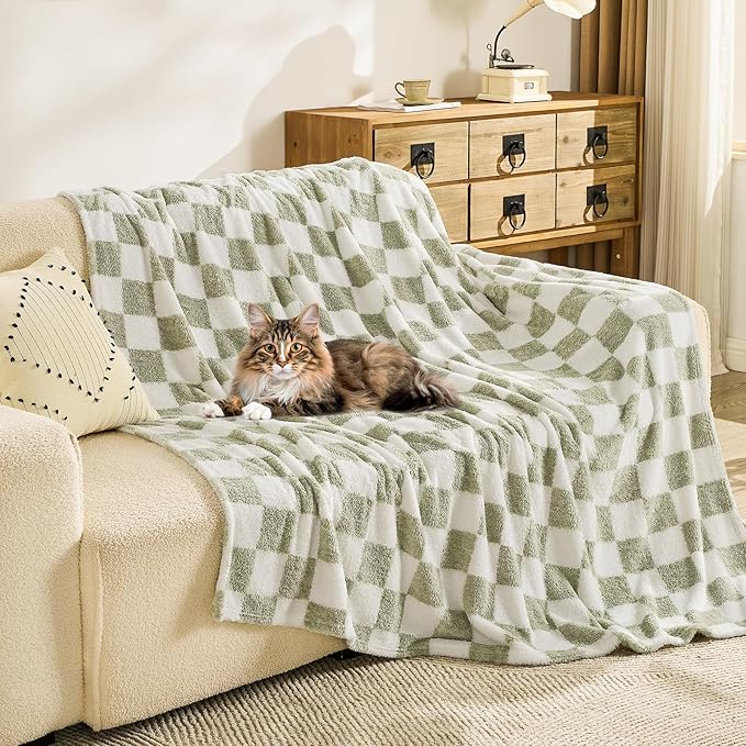 EMME Checkered Blanket Queen Size - 80"x90" Green Knit Blanket Soft Fluffy Patterned Throw Blankets for Couch, Sofa, Chair, Bed, Camping, Picnic, Travel