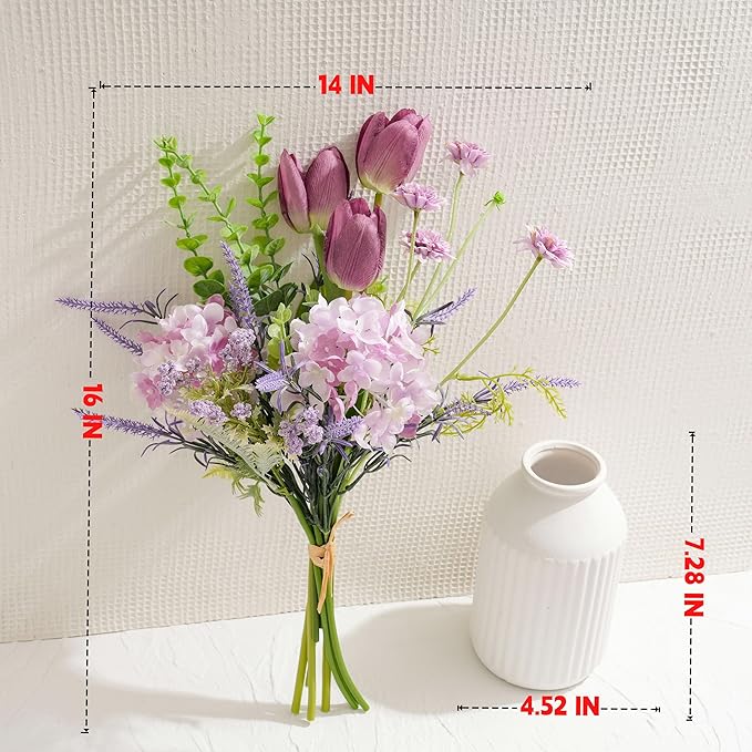 LUEUR Artificial Flowers with White Ceramic Vase – Spring Floral Centerpiece Table Decorations, Faux Tulip, Hydrangea & Lavender Flower Arrangement for Coffee Table, Dining Room, Spring Decor