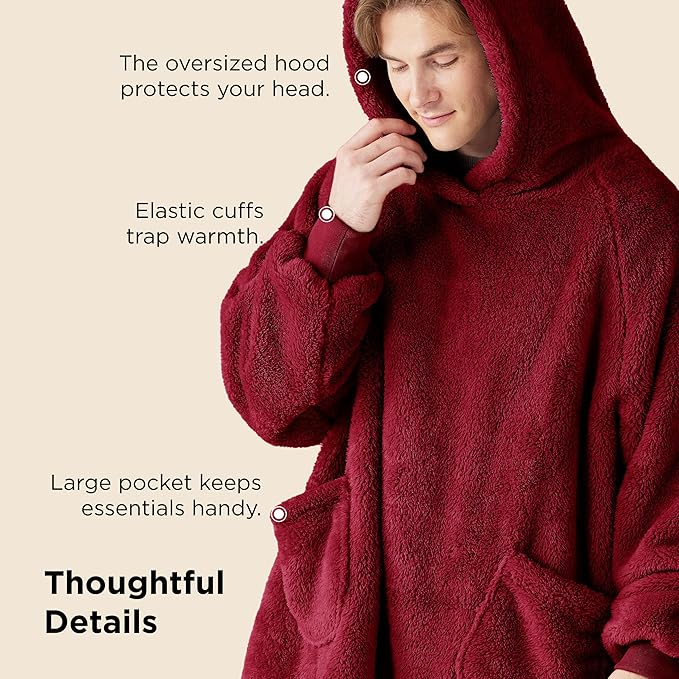 Bedsure Blanket Hoodie, Wearable Blanket Hoodies as Mothers Day Birthday Gifts for Women Men Mom Dad, Warm Cozy Soft Sweatshirt Hooded Blankets for Adult Women Men, Dark Red, Standard
