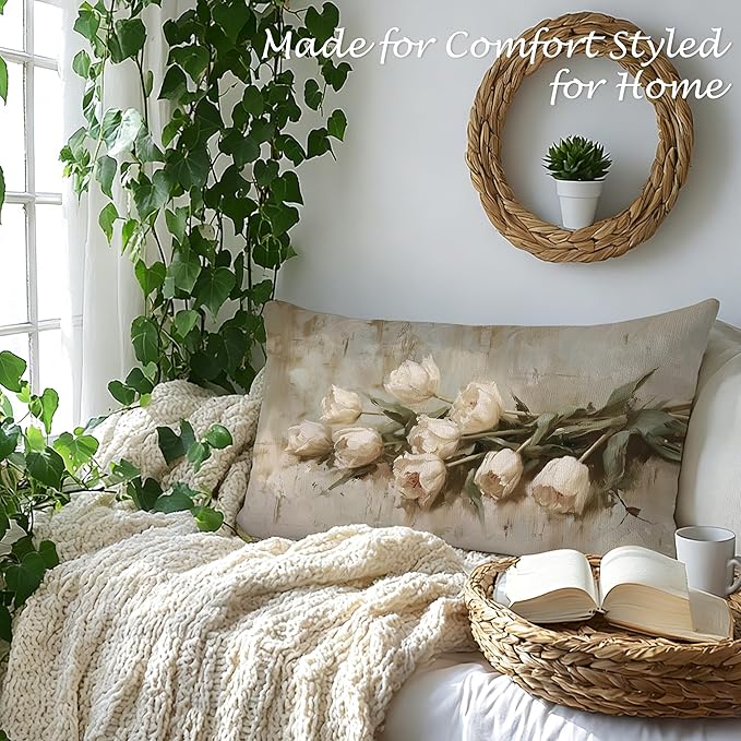 Vintage White Tulip Floral Lumbar Pillow Cover 12x20 Double-Sided, Cottagecore Room Decor, Neutral Farmhouse Spring White Flower Decorative Throw Pillow Cover for Living Room Home Bedroom