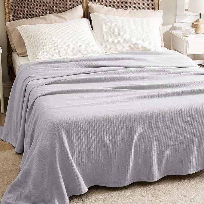 Bedsure GentleSoft 100% Cotton Blanket King Size for Bed - Breathable and Lightweight, Soft Cozy Textured Herringbone Woven Blanket for Summer Spring, Cool Grey, 108x90 inches