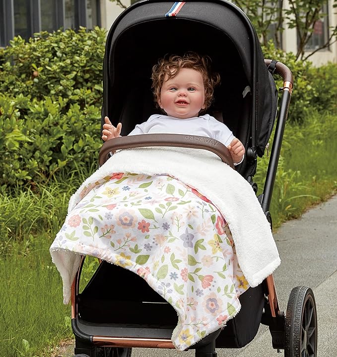 CREVENT 2Pcs 30''X40'' Cute Cozy Fluffy Warm Baby Blankets for Infants Toddlers' Bedding Crib Cot Stroller - Grey Cloud + Minky Daisy