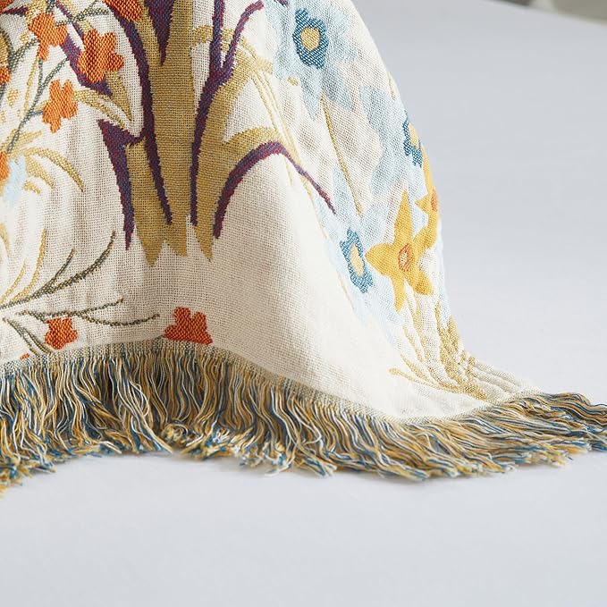 Boho Throw Blanket for Bed 60”x80”, 100% Cotton Woven Blanket for Couch Sofa, Ultra Soft 4-Layer Muslin Quilt with Floral Printed, Farmhouse Bed Blanket/Cover for Living Room Decor