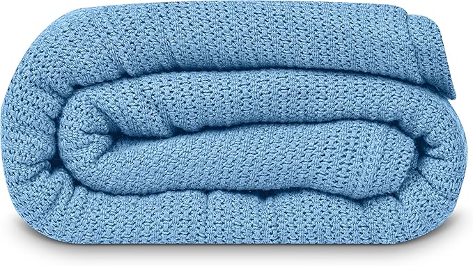 Linteum Textile Supply Leno Weave Blue Blanket, Queen 100% Cotton, Lightweight, Warm, Fluffy, Premium and Durable Soft & Cozy Bed Blanket for Home, Couch, Sofa & Dorm, All Season Throw [90x90]