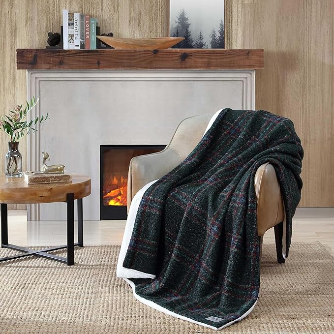 Eddie Bauer - Throw Blanket, Soft & Textured Boucle Bedding with Faux Fur Reverse, Blanket for Couch & Bed (Tarrytown Plaid Green, 50" x 70")