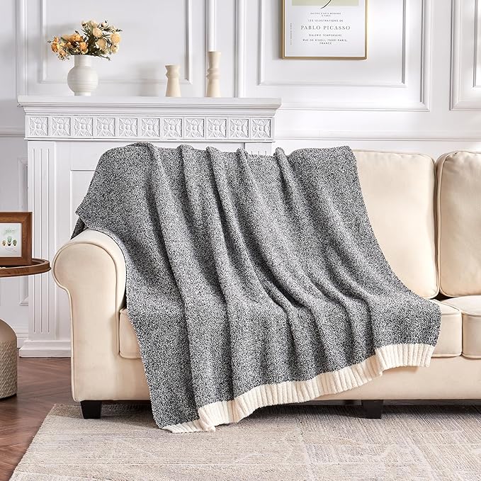 CozeCube Super Soft Fullfy Microfiber Reversible Knitted Blankets, Warm Cozy Fuzzy Plush Throw, Black and White Melange Throw Blanket for Couch Bed Sofa, 60" x 80"