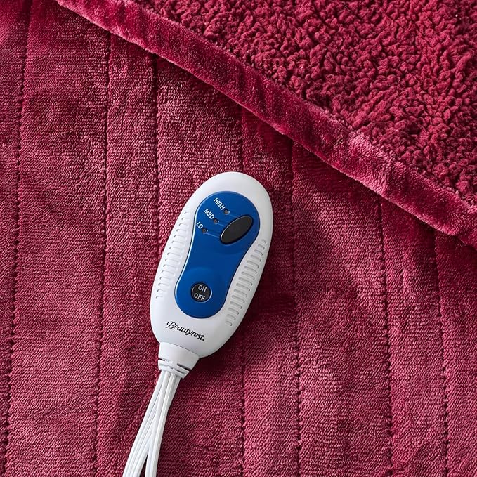 Beautyrest Heated Blanket, Electric Throw Blanket, Soft, Warm, Reversible Plush - Sherpa Heating Blanket Throw, 3 Heat Settings, 2 hr Auto Shut Off, Machine Washable, Oversized 60 in x 70 in, Red