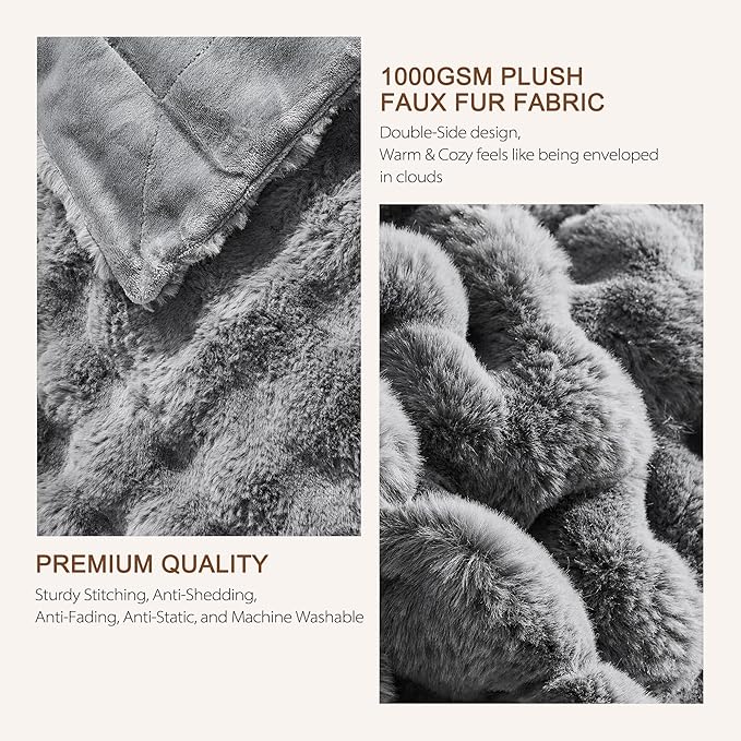Luxury 1000GSM Faux Rabbit Fur Throw Blanket, Super Heavy Warm Cozy Blankets for Couch Bed Sofa, Bubble Plush Fuzzy Elegant Soft Reversible Mink Blanket for Living Room Bedroom, Grey