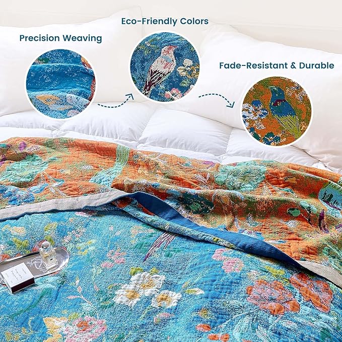 MSGKV Boho Throw Blanket for Couch 50"x60" Cotton Blanket with Floral and Bird Spring Breathable Lightweight Farmhouse Decorative Blankets for Sofa Muslin All Seasons