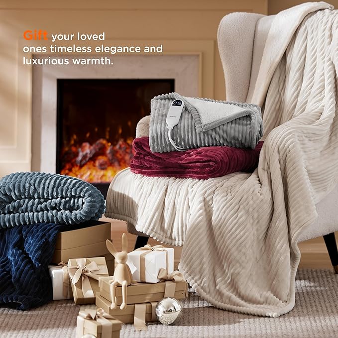 Bedsure GentleSoft Electric Blanket Full Size - Soft Ribbed Flannel Heated Blanket with 6 Heat Levels, Heating with 10 Time Settings, 8 hrs Timer Auto Shut Off, Gifts for Grandma (72x84 inches, Gream)