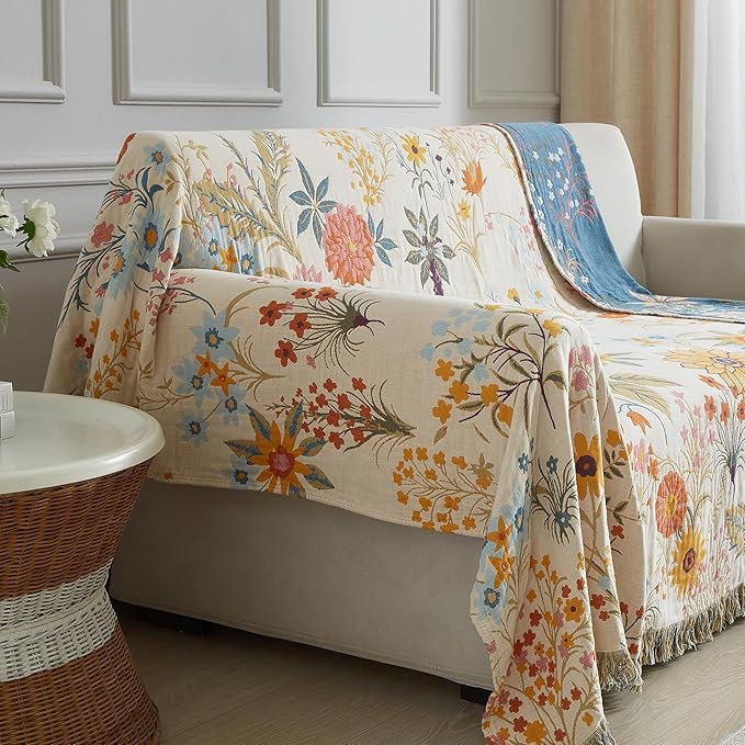 Boho Throw Blanket for Bed 60”x80”, 100% Cotton Woven Blanket for Couch Sofa, Ultra Soft 4-Layer Muslin Quilt with Floral Printed, Farmhouse Bed Blanket/Cover for Living Room Decor
