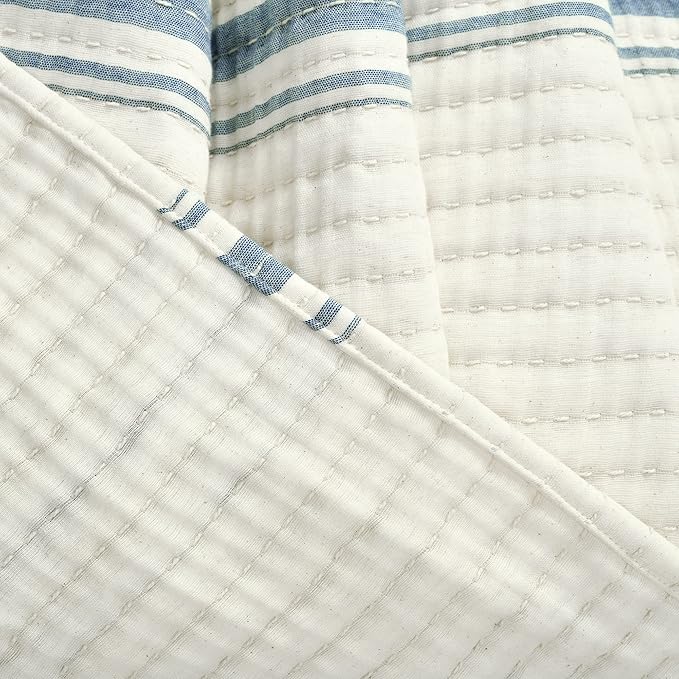 Lush Decor Farmhouse Stripe Kantha Pick Stich Yarn Dyed Cotton Woven Throw Reversible Ticking Pinstripe Design Blanket, 50" x 60", Blue
