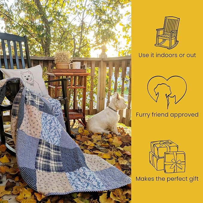 SLPR Cotton Quilted Throw Blanket, 50" x 60" Floral Farmhouse Patchwork Quilt, Shabby Chic Patchwork Throw Lap Quilt for Couch, Blue Symphony