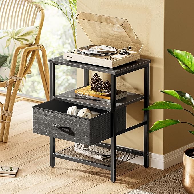 Huuger Nightstand Set of 2, Night Stand with Fabric Drawer, Mesh Shelf, Side Table with Storage, Fabric Drawer Dresser, Open Shelf, Metal Frame, Bedroom, Charcoal Black Wood Grain Print