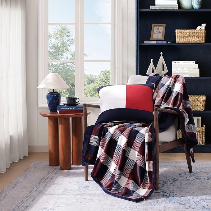 Tommy Hilfiger - Blanket, Ultra-Soft Plush Throw Blanket for Bed or Couch, Cozy Plaid Bedding with Solid Reverse & Tailored Hem, Medium Weight for Year Round Comfort (Derby Plaid Red, 50" x 70")