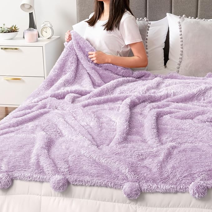 PAVILIA Lavender Sherpa Throw Blanket for Couch, Warm Plush Pom Pom Blanket Throw Twin, Fuzzy Sofa Blanket Throw for Bed, Lightweight Soft Cozy Fluffy Blanket with Pom Poms, Light Purple, 60x80