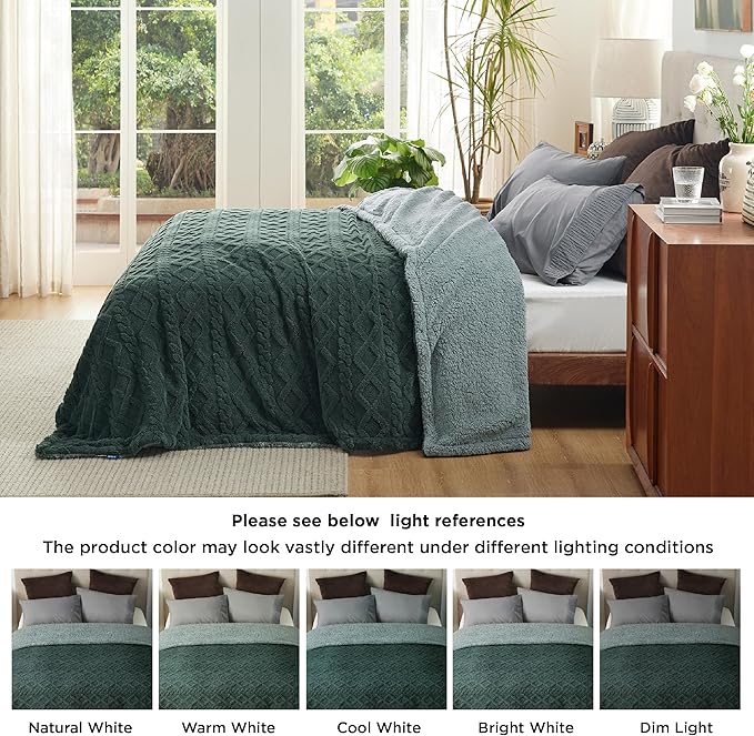 Bedsure Gentlesoft Sherpa Queen Size Blanket for Bed - Fleece Fluffy & Cozy Cable Jacquard Tufted for Women Gift, Thick and Warm Christmas Blanket for Winter, Dark Green, 90x90 Inches