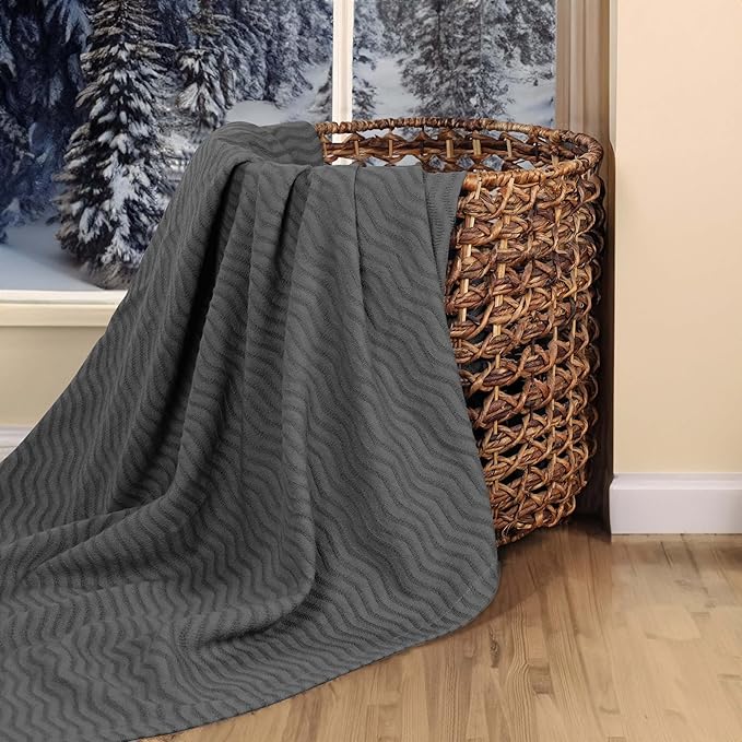 Superior JENA Cotton Blanket, for Picnic, Beach, Traveling or Camping, Bedroom Decor, Essentials, Cover for Bed, Couch, Lounging, Textured Jacquard, Modern Chevron Woven Blanket, Full/Queen, Charcoal