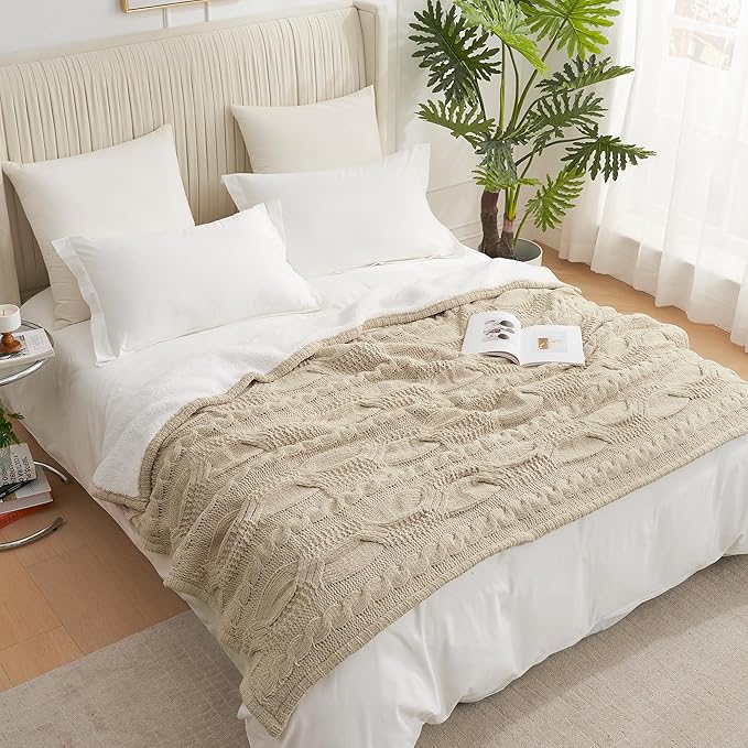 Amélie Home Cable Knit Throw Blanket for Couch Twin, Chenille Sherpa Soft Cozy Throw Blankets for Sofa Chair Comfortable Home, 60"x80", Beige